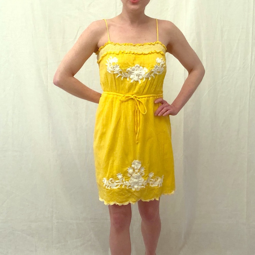 Yellow Hacienda Dress w/ White Floral Embroidery